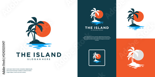 Simple summer vacation logo, with palm trees and beach island concept, graphic design vector.