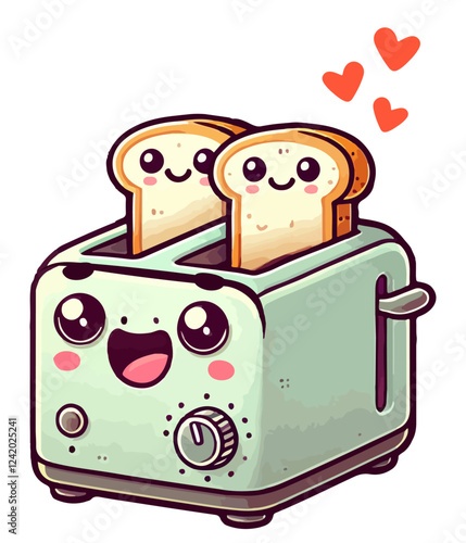 Kawaii illustration of a cute smiling toaster with two happy slices of toast popping up isolated on white background. Holiday concept for greeting cards or kitchen design