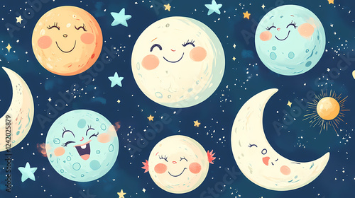 Charming lunar cycle characters showcase different moon phases with playful expressions and colors, representing joy and whimsy in a celestial theme. Celestial Bodies as Characters. Illustration photo