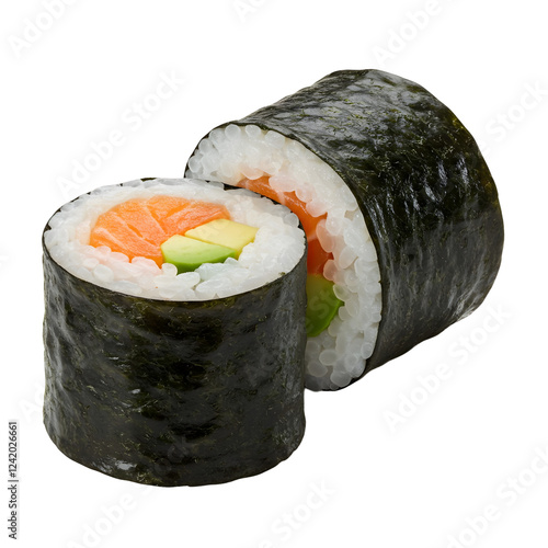 Isolated fresh salmon maki sushi rolls, a gourmet Japanese seafood meal
