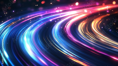A vibrant, abstract representation of flowing light patterns in various colors.