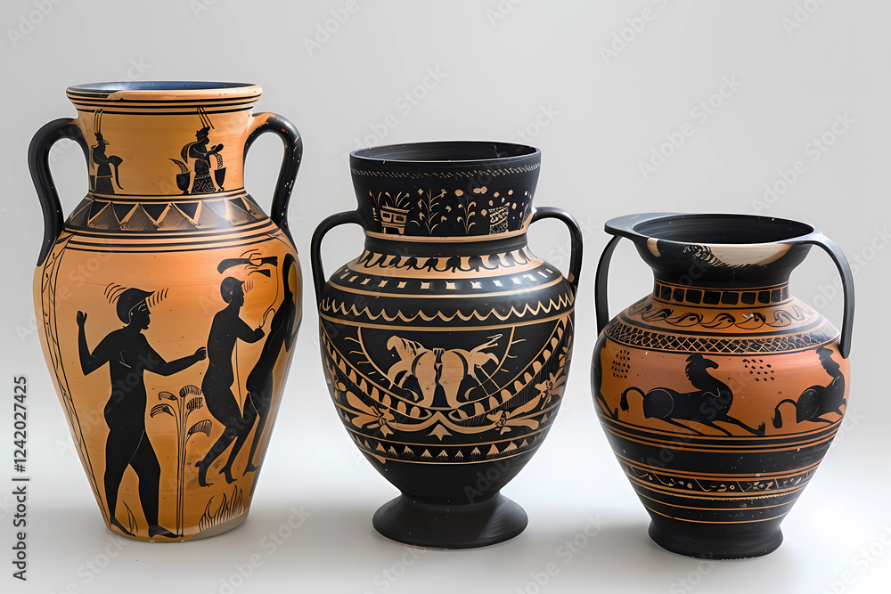 Black-figure pottery is an ancient Greek ceramic style featuring black silhouetted figures against a red clay background Black-figure pottery is an ancient Greek ceramic style featuring black silhouetted figures against a red clay background