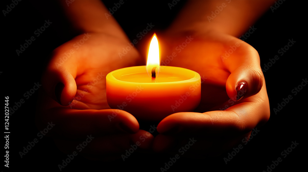 Hands gently holding a small burning candle in the dark Hands gently holding a small burning candle in the dark