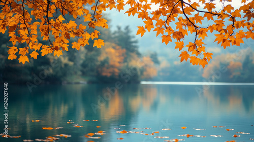 A tranquil autumn scene with a maple tree displaying orange leaves by a calm river and lake, symbolizing change, serenity, and nature's beauty. Space for text on the side. photo