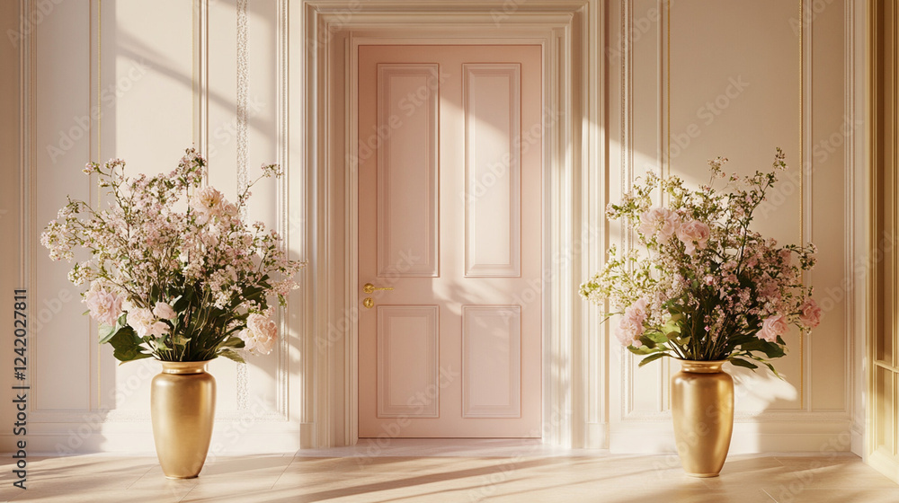 Elegant sunlit hallway with intricate wall moldings and large arched windows, showcasing luxurious interior architecture bathed in soft natural light Elegant sunlit hallway with intricate wall moldings and large arched windows, showcasing luxurious interior architecture bathed in soft natural light