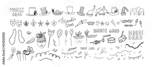 Large set of Festival Mardi gras. Party, carnival. Mask, beads, balloons, garlands, confetti, fireworks. Hand drawn. Doodle. 