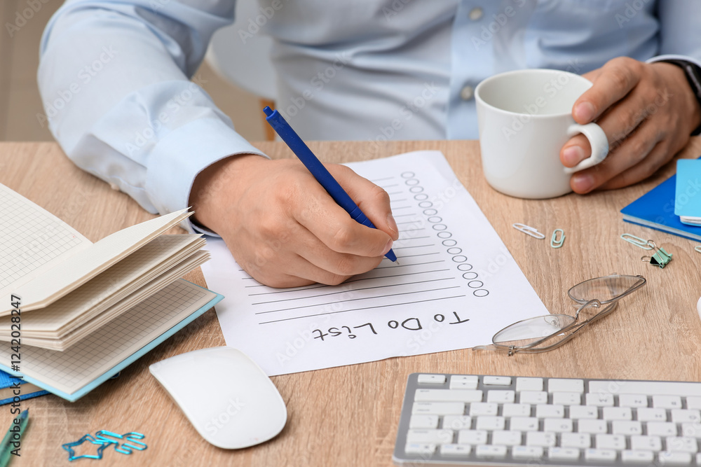 Male hands with to-do list and cup of coffee on wooden table in office Male hands with to-do list and cup of coffee on wooden table in office