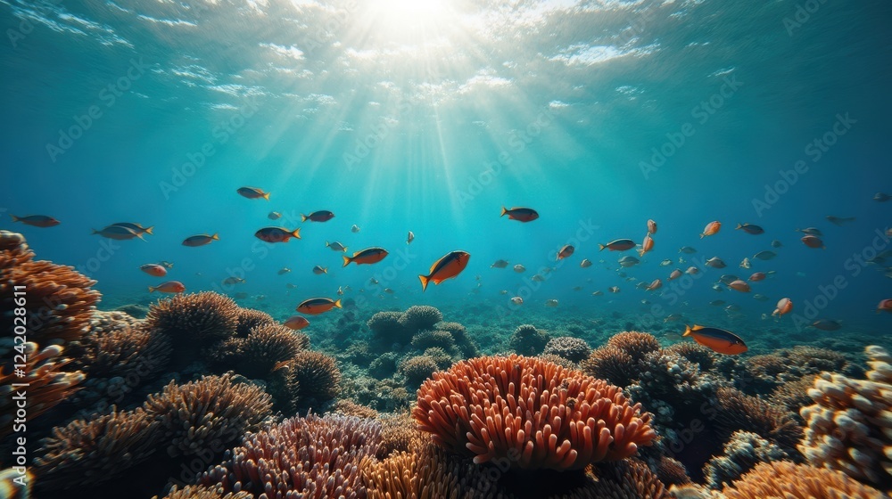 Obraz premium A Large Group of Fish Swimming Over a Coral Reef - Generative AI