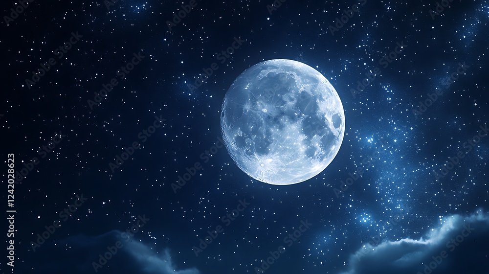 Fototapeta premium A bright full moon illuminates a starry night sky, surrounded by clouds.