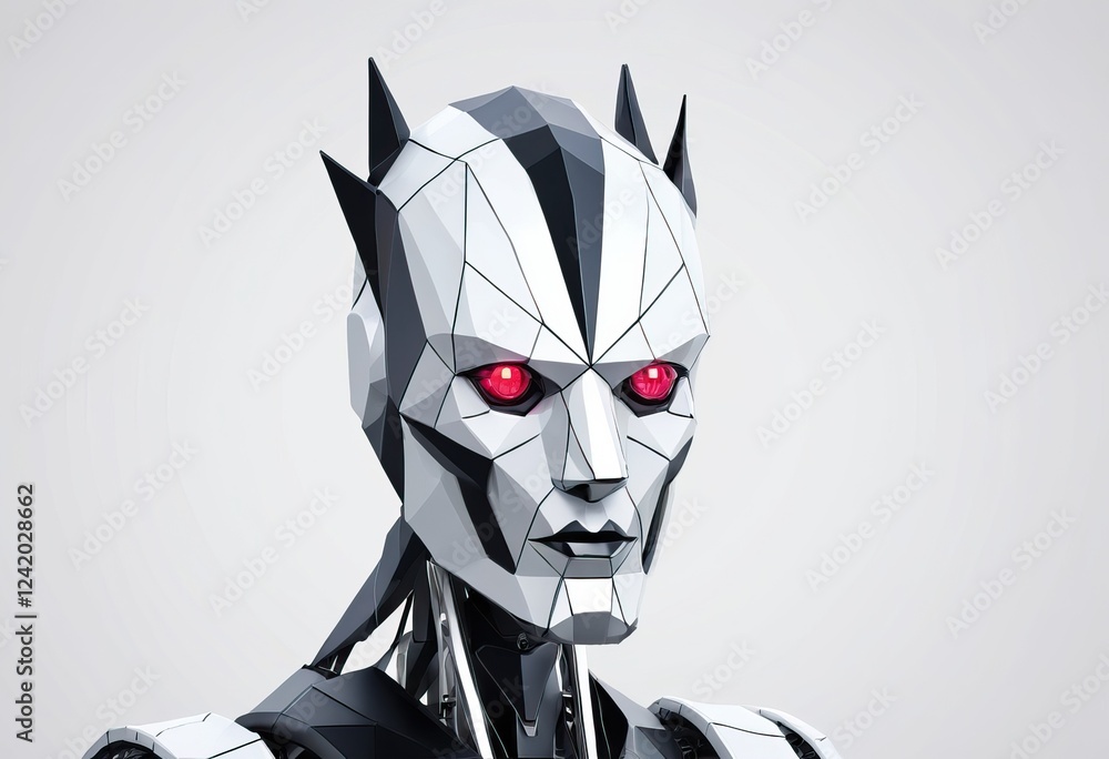 Fototapeta premium Futuristic robotic humanoid with feline features, red eyes, polygonal design