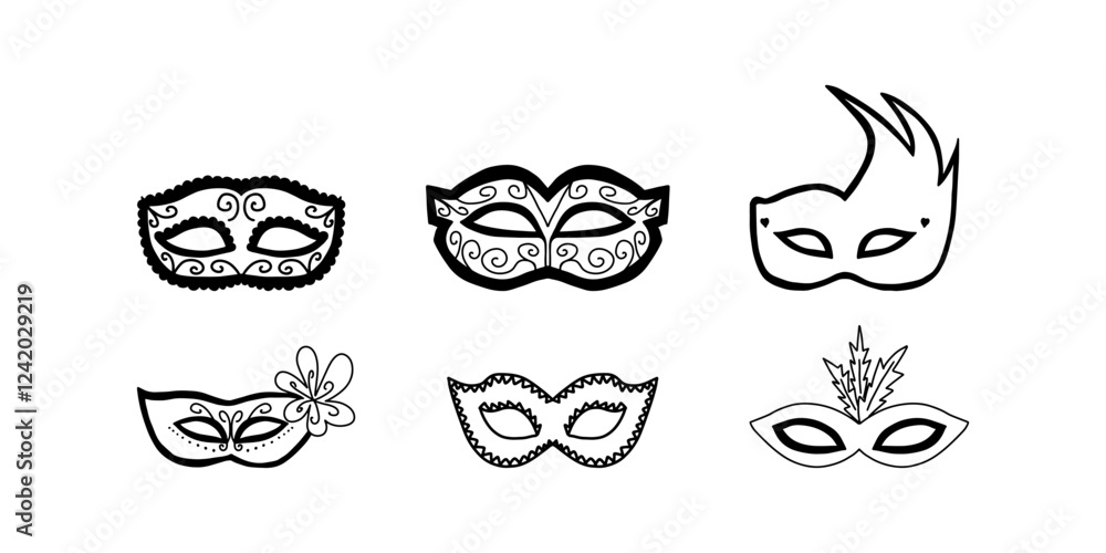 Carnival masks collection in doodle style. Masqeurade mask sketches for decorating festive invitations, banners, greeting cards. Carnival masks collection in doodle style. Masqeurade mask sketches for decorating festive invitations, banners, greeting cards.