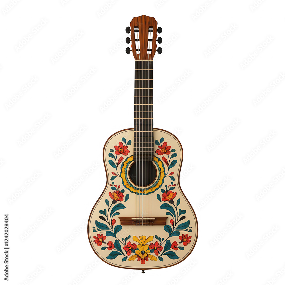 Obraz premium A beautifully decorated acoustic guitar featuring vibrant floral patterns and a classic wooden finish.