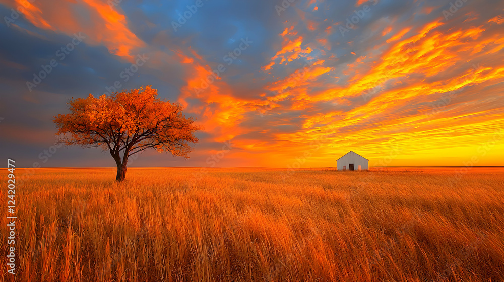 Fiery sunset over golden wheat field, lone tree, small house Fiery sunset over golden wheat field, lone tree, small house