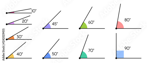 Set of acute and right angles of triangle with exact values ​​of 10, 20, 30, 40, 45, 50, 60, 70, 80, 90 degrees. Vector illustration of mathematical geometric examples and problems in mathematics.