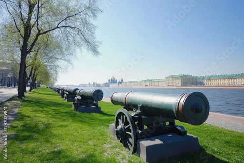 The embankment of the Italian Pond in Kronstadt features naval battle cannons, which are ancient artillery pieces photo