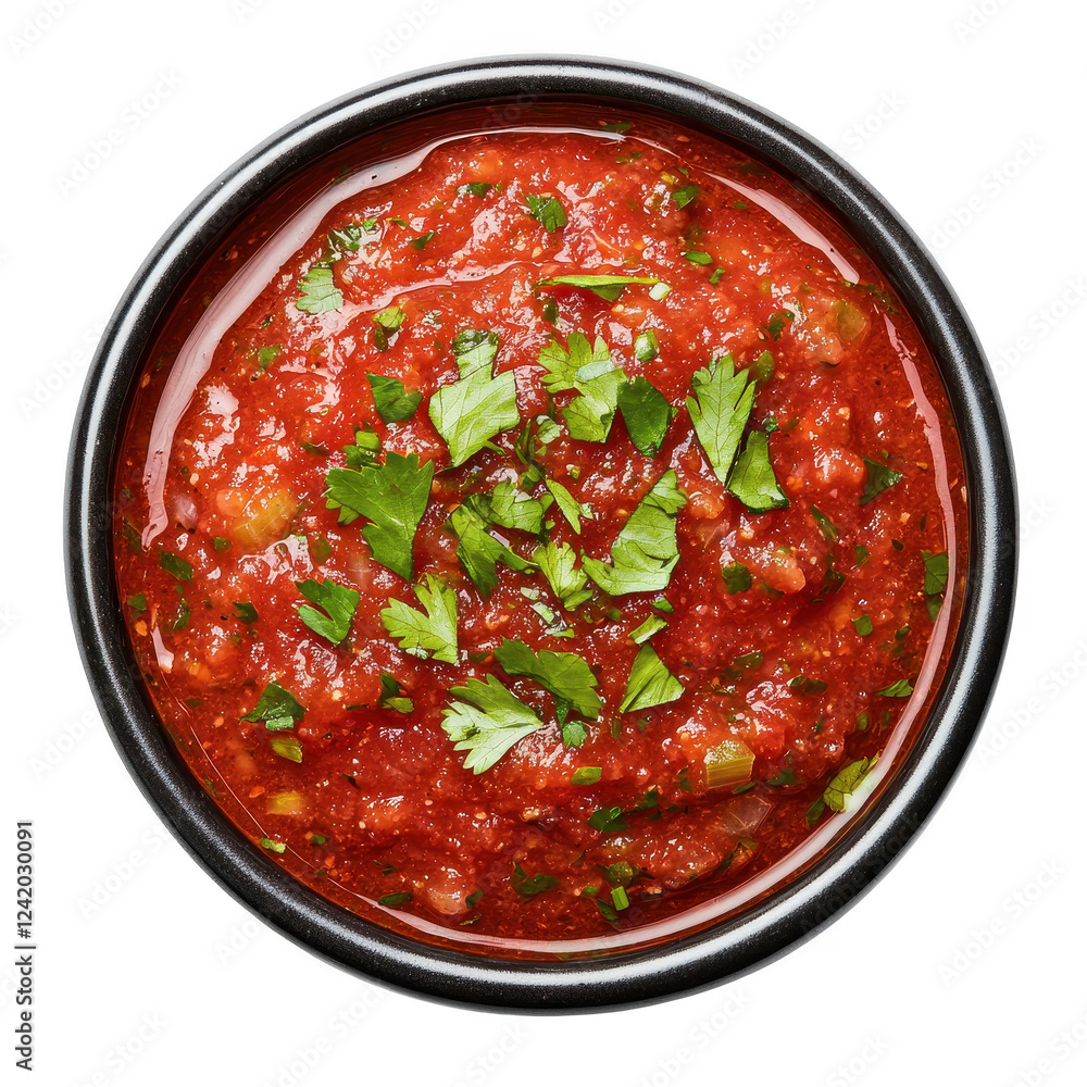 A vibrant bowl of salsa garnished with fresh cilantro, showcasing a rich red color and chunky texture. A vibrant bowl of salsa garnished with fresh cilantro, showcasing a rich red color and chunky texture.