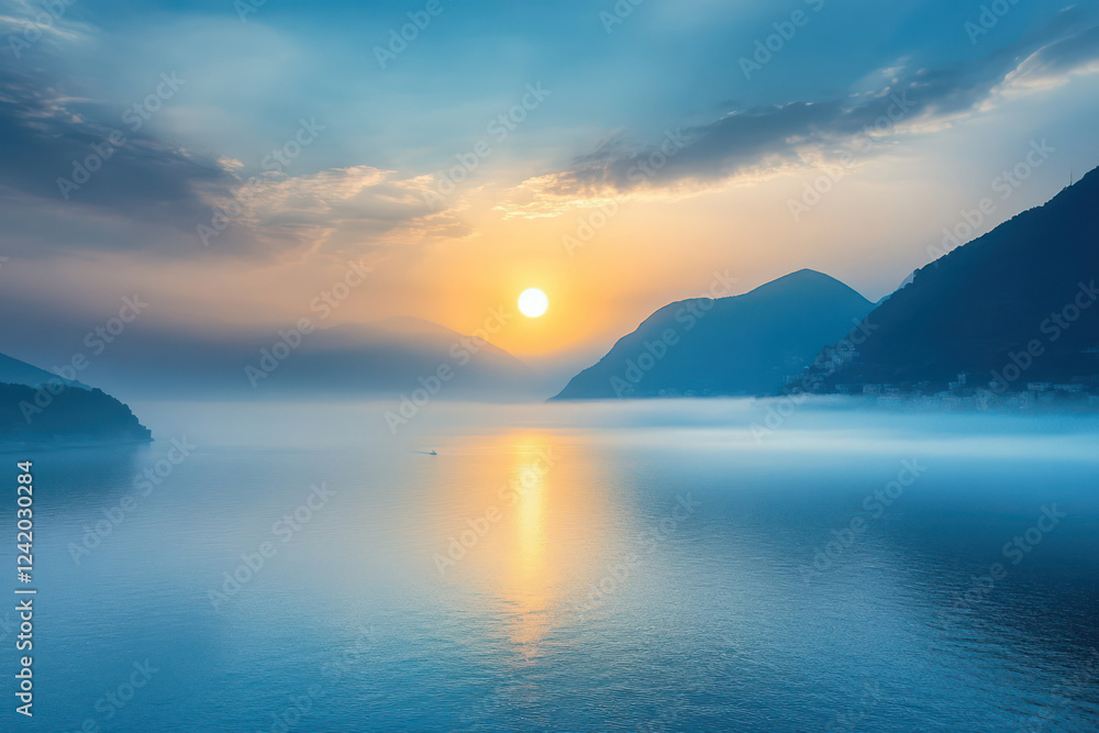 Fototapeta premium Serene Sunrise Over Misty Waters