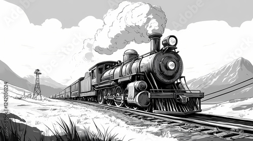 Vintage steam locomotive chugging along railroad tracks , transportation, retro, historic, train, engine, steam, industrial. Steam & Diesel Punk. Illustration photo