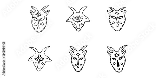 Folklore mask black contour icons set. Tribal oriental armor head helmet vector outline illustration