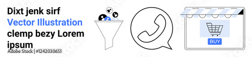 Funnel with user icons, messaging app symbol, and online shopping cart in a storefront interface. Ideal for marketing, communication, sales, e-commerce, customer journey, strategy technology