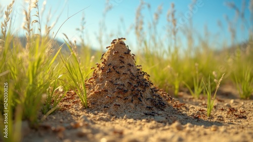 A Pile of Ants on Top of a Mound of Sand in a Field - Generative AI
