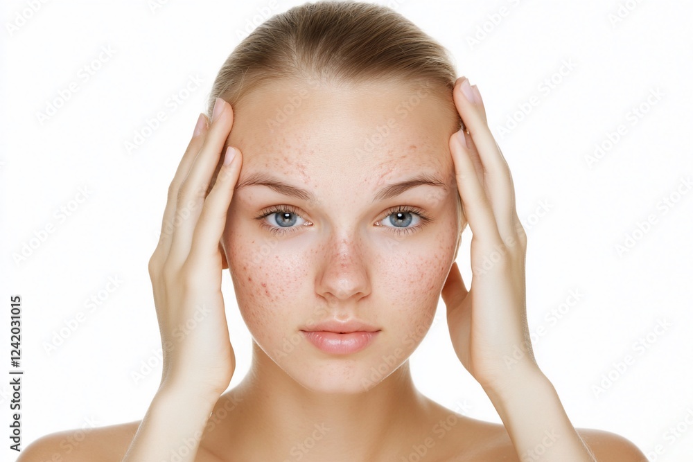 Woman's face, acne treatment, white background, skincare Woman's face, acne treatment, white background, skincare