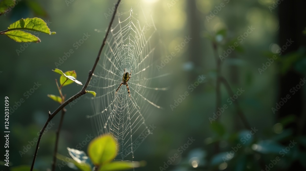 A Spider Sitting on a Web in the Middle of a Forest - Generative AI A Spider Sitting on a Web in the Middle of a Forest - Generative AI