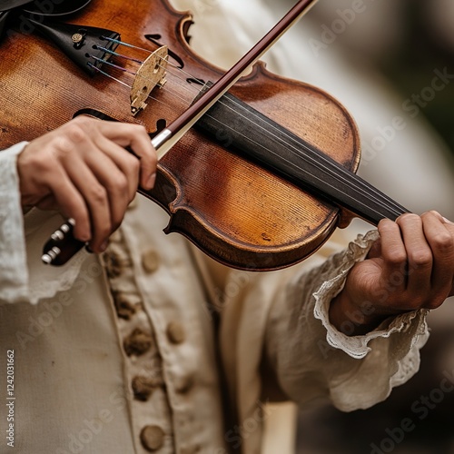 Close-up of hands playing antique violin.