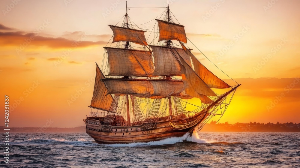 Obraz premium A stock photo of a huge ancient pirate ship traveling on turbulent maritime conditions