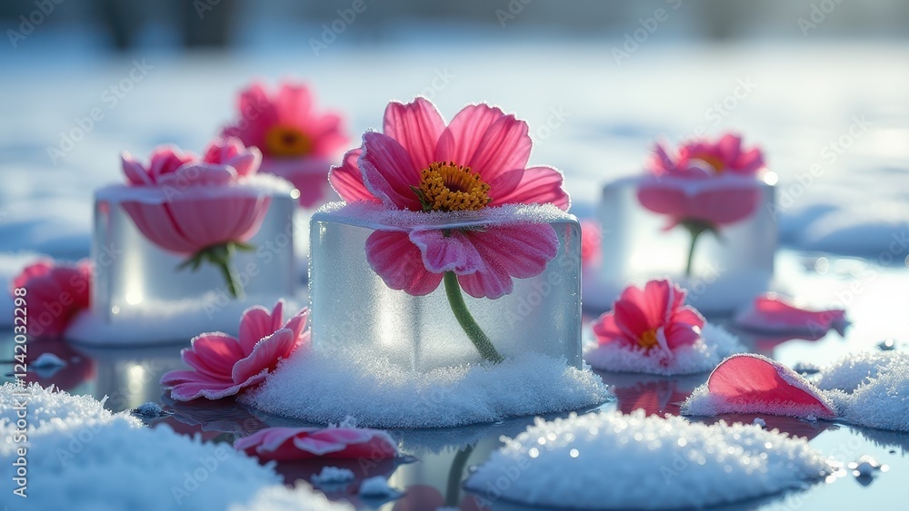 Pink flowers frozen inside melting ice cubes on snow with a reflective surface Pink flowers frozen inside melting ice cubes on snow with a reflective surface