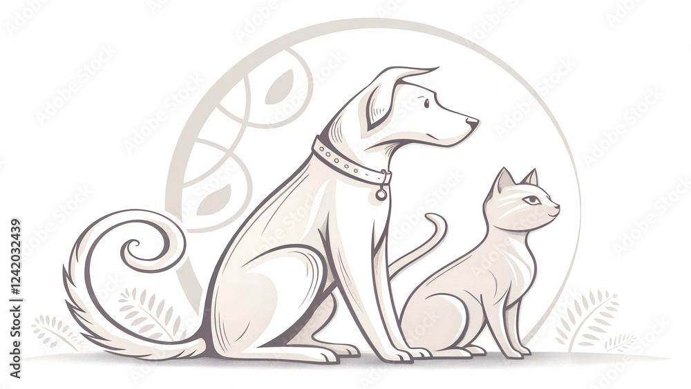Obraz premium set dog and cat logo design. pet care white linear style concept element symbol vector illustration. 