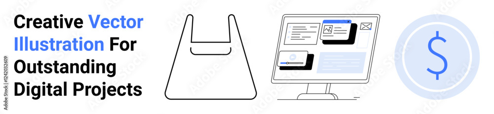 Shopping bag, website interface on monitor, dollar icon. Ideal for e-commerce, online shopping, web development, digital marketing, financial apps, retail concepts flat landing page banner Shopping bag, website interface on monitor, dollar icon. Ideal for e-commerce, online shopping, web development, digital marketing, financial apps, retail concepts flat landing page banner