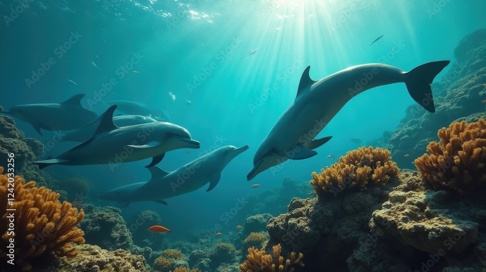 Obraz premium A Group of Dolphins Swimming Over a Coral Reef - Generative AI