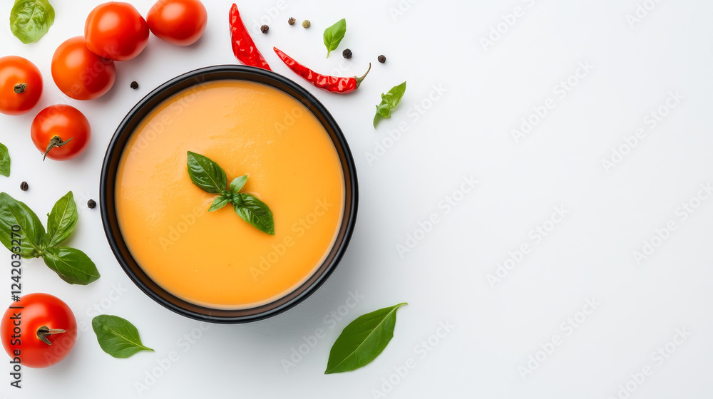 Vibrant bowl of egusi soup displayed with fresh tomatoes, chilies, and leafy greens in natural light for an elegant culinary presentation Vibrant bowl of egusi soup displayed with fresh tomatoes, chilies, and leafy greens in natural light for an elegant culinary presentation