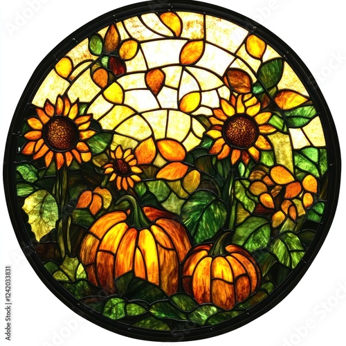Vibrant stained glass artwork featuring pumpkins, colorful autumn leaves, and a sunflower, showcasing a festive fall harvest theme in warm tones