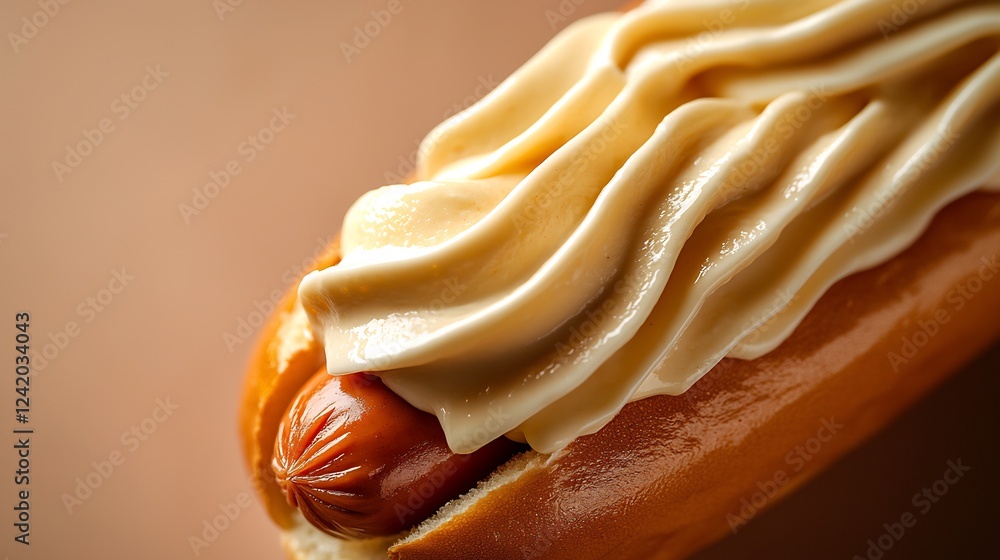 Closeup of Hot Dog with Creamy Swirled Topping Closeup of Hot Dog with Creamy Swirled Topping