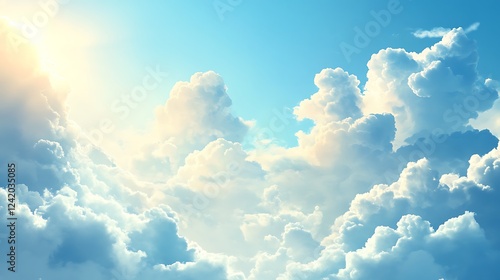 A serene sky filled with fluffy clouds and sunlight, evoking tranquility and beauty.