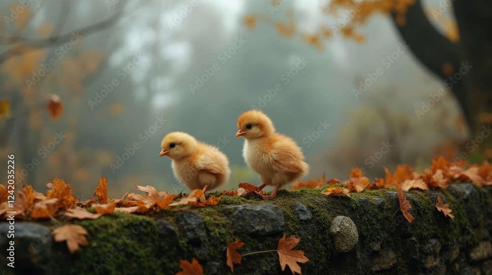 Two Small Birds Standing on Top of a Stone Wall Covered in Leaves - Generative AI Two Small Birds Standing on Top of a Stone Wall Covered in Leaves - Generative AI
