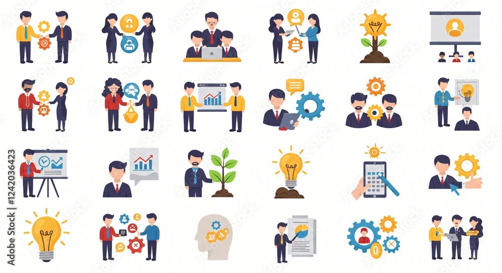Icon sets for business themes like teamwork, growth, and innovation Icon sets for business themes like teamwork, growth, and innovation
