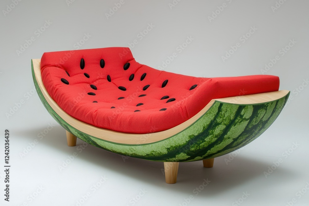 Unique lounge chair designed to resemble a watermelon with vibrant red cushion and seed accents on a wooden frame Unique lounge chair designed to resemble a watermelon with vibrant red cushion and seed accents on a wooden frame
