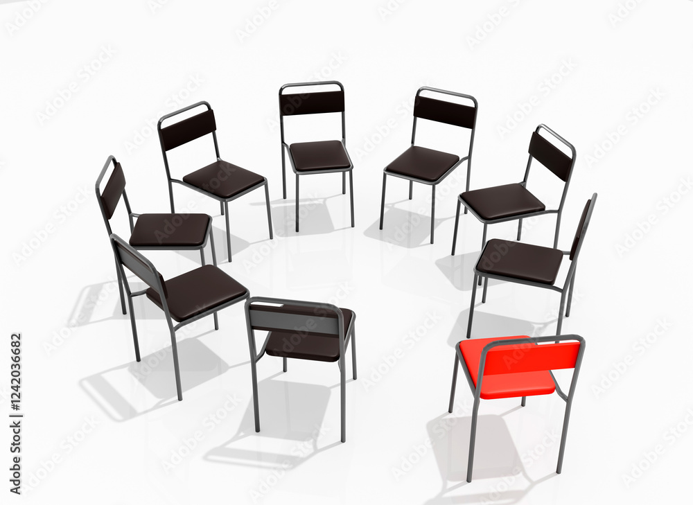 Highly Detailed 3D Render of a Support Group Meeting Setting, Featuring an Intimate Circle of Chairs in a Calm, Minimalistic Environment, Perfect for Concepts of Mental Health and Emotional Support Highly Detailed 3D Render of a Support Group Meeting Setting, Featuring an Intimate Circle of Chairs in a Calm, Minimalistic Environment, Perfect for Concepts of Mental Health and Emotional Support