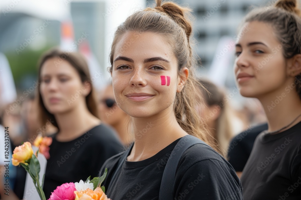 A young woman stands proudly with flowers and a painted face at a rally, expressing her commitment to social causes, showcasing strength and determination in her stance. A young woman stands proudly with flowers and a painted face at a rally, expressing her commitment to social causes, showcasing strength and determination in her stance.