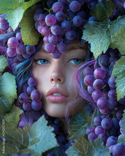 Artistic portrait of a woman framed by vibrant purple and green grapes with detailed leaves creating a natural aesthetic
