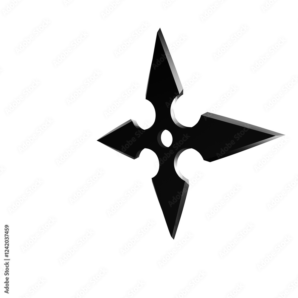 3D Illustration of a Ninja Shuriken –Realistic depiction of a traditional throwing star with sharp blades, metallic texture, and detailed design, perfect for digital art projects, graphics, and poster 3D Illustration of a Ninja Shuriken –Realistic depiction of a traditional throwing star with sharp blades, metallic texture, and detailed design, perfect for digital art projects, graphics, and poster