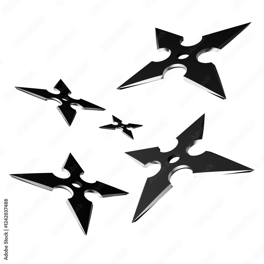 3D Illustration of a Ninja Shuriken –Realistic depiction of a traditional throwing star with sharp blades, metallic texture, and detailed design, perfect for digital art projects, graphics, and poster 3D Illustration of a Ninja Shuriken –Realistic depiction of a traditional throwing star with sharp blades, metallic texture, and detailed design, perfect for digital art projects, graphics, and poster