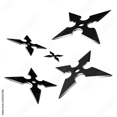 3D Illustration of a Ninja Shuriken –Realistic depiction of a traditional throwing star with sharp blades, metallic texture, and detailed design, perfect for digital art projects, graphics, and poster