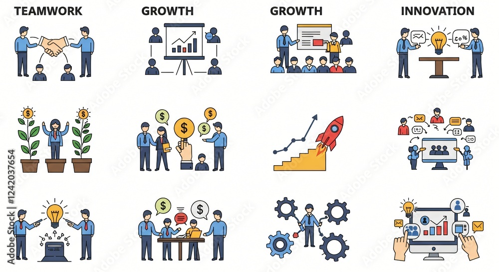 Fototapeta premium Icon sets for business themes like teamwork, growth, and innovation