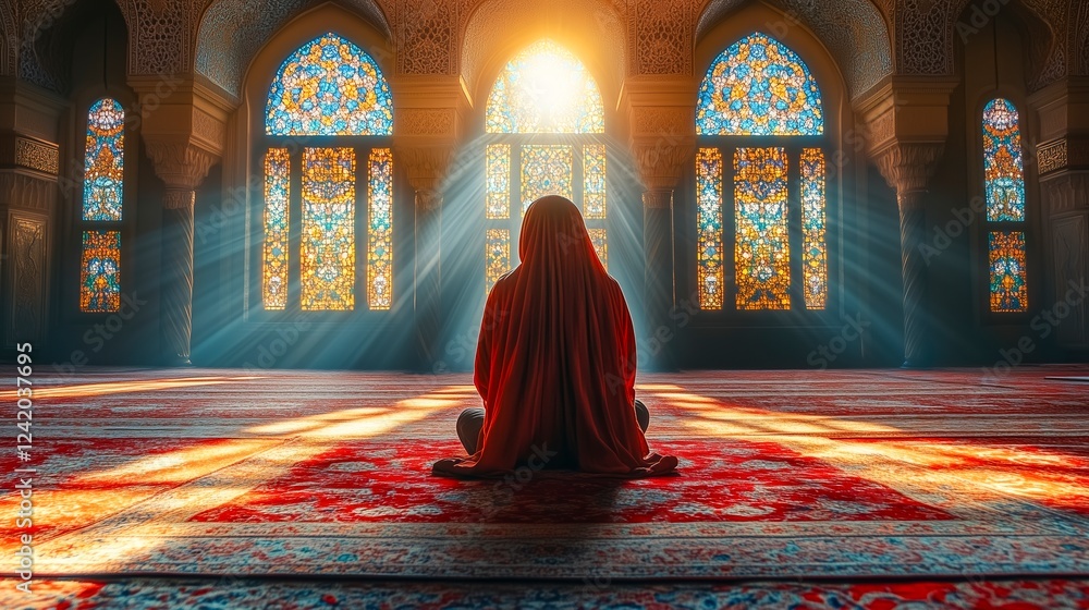 A serene woman sits in deep meditation inside a mosque, bathed in warm sunlight filtering through intricate stained glass windows. The scene evokes peace and reflection. A serene woman sits in deep meditation inside a mosque, bathed in warm sunlight filtering through intricate stained glass windows. The scene evokes peace and reflection.
