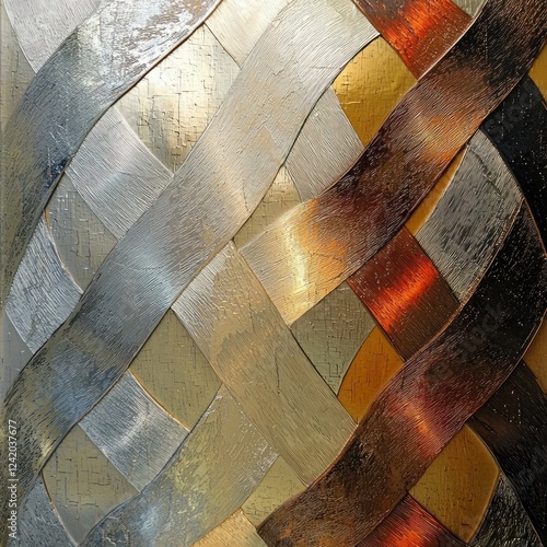 Abstract metallic artwork featuring textured wavy patterns in bronze, gold, and silver tones with a rich rustic finish photo