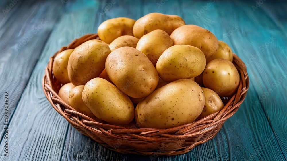 Wicker basket with whole young potatoes on a blue wooden table. The concept of healthy organic food. Wicker basket with whole young potatoes on a blue wooden table. The concept of healthy organic food.